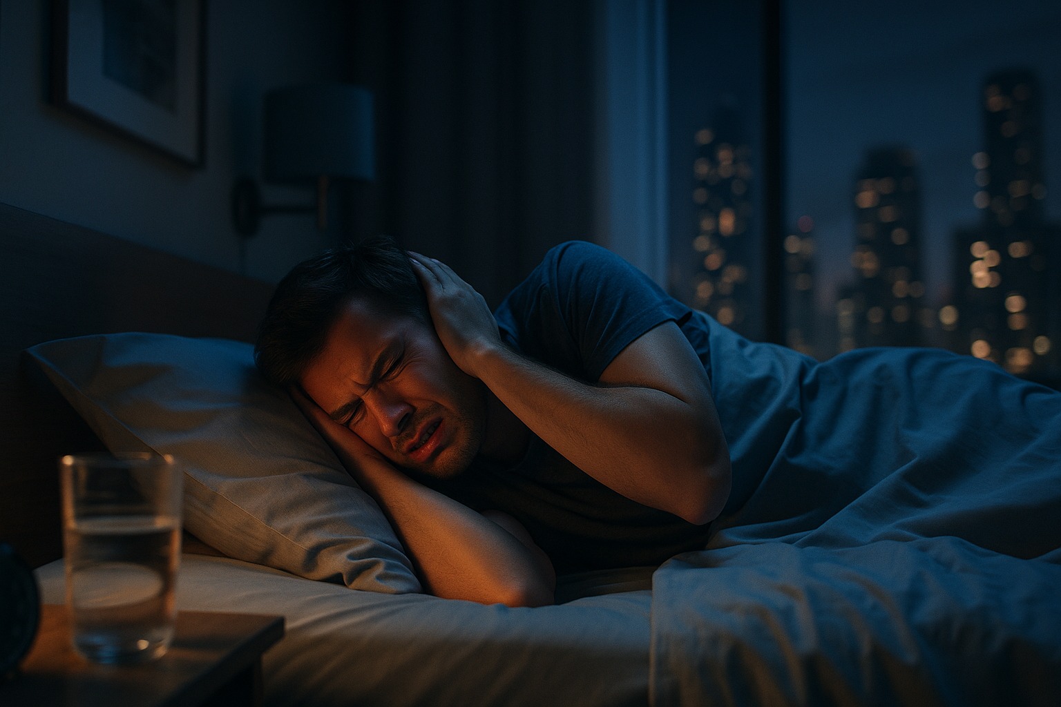 A person lying awake in a dark bedroom with city lights outside, pressing their hands to their ears in frustration, conveying the stress of loud neighbours and night-time noise in an urban Ontario setting.