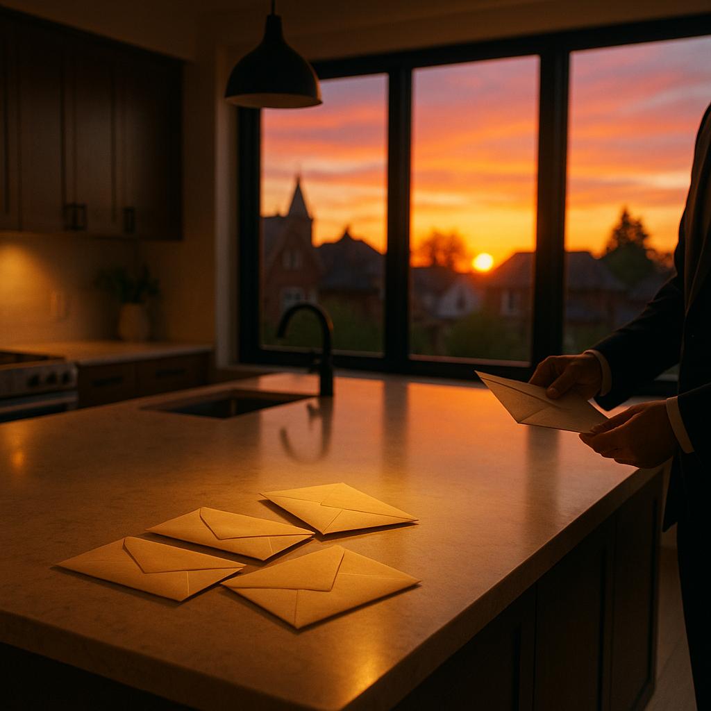 A modern kitchen island bathed in warm sunset light, with multiple unopened envelopes spread across the countertop and an agent’s hand reaching to gather offers against the backdrop of neighbouring rooftops.
