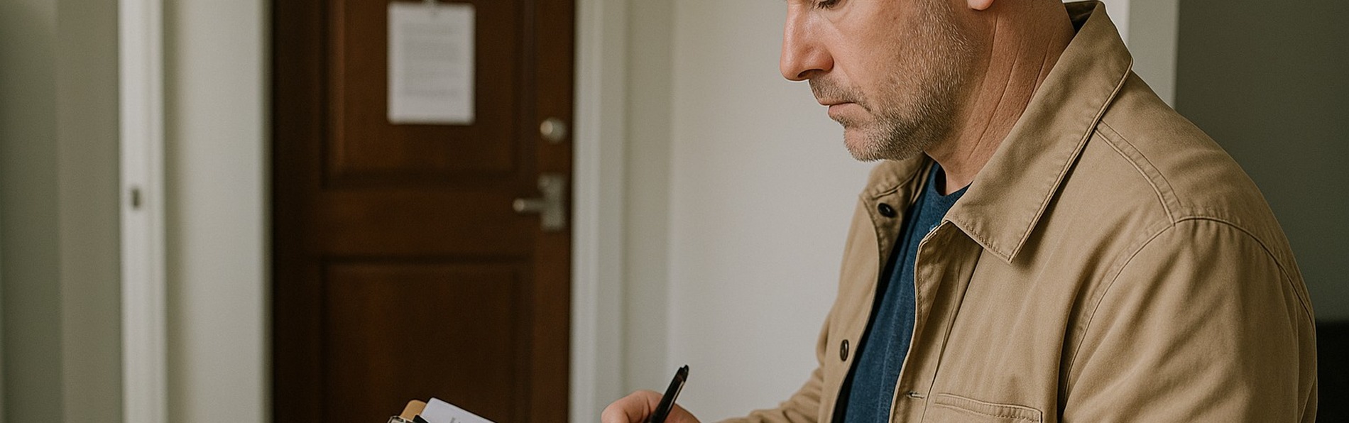 A landlord reviews paperwork on a clipboard in an apartment hallway, standing near a wooden unit door, with soft natural light highlighting the scene.