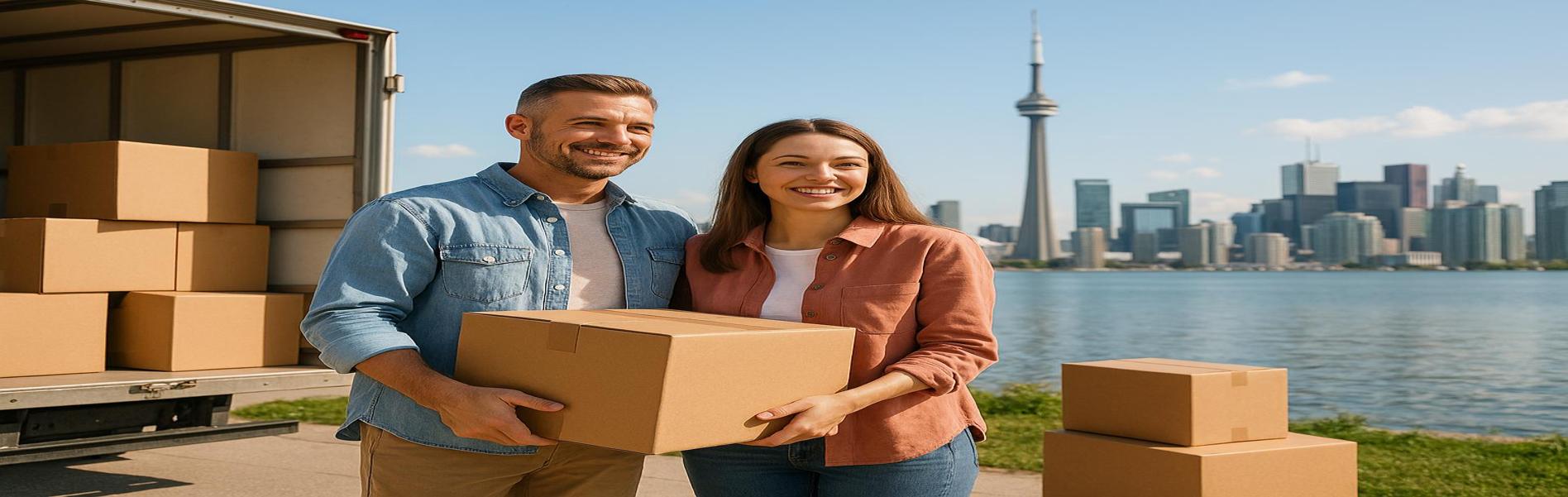 Smiling couple holding a moving box by a truck with packed boxes, standing near Toronto’s waterfront with the CN Tower and city skyline in the background.