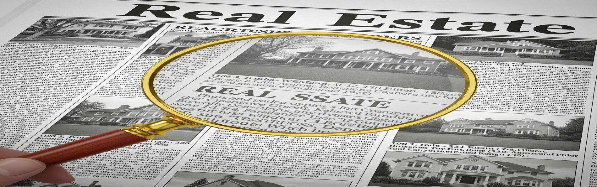 A magnifying glass hovers over a printed real estate newspaper, enlarging the image and text of a featured home listing, symbolizing close examination of property details when searching for a home.
