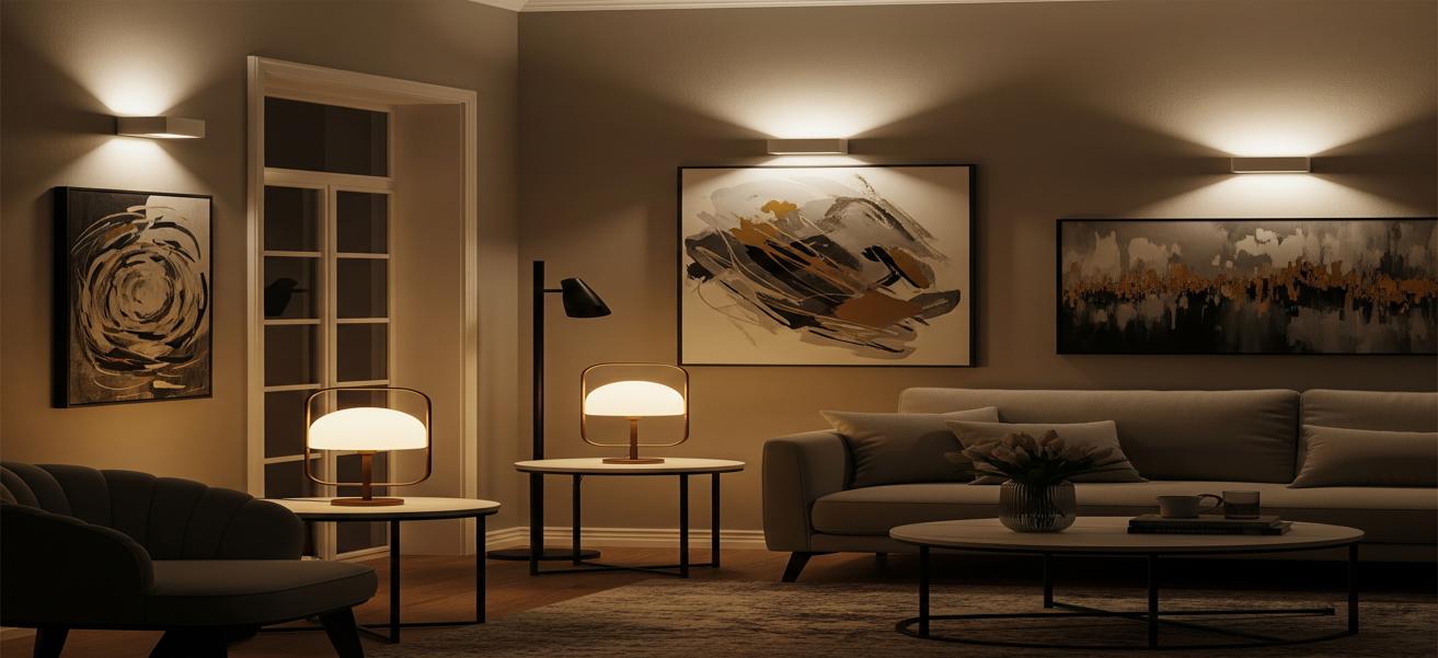 A modern living room professionally staged using wireless lighting. Battery-powered wall sconces and portable table lamps create a warm, inviting ambiance by highlighting abstract artwork and the room's features.