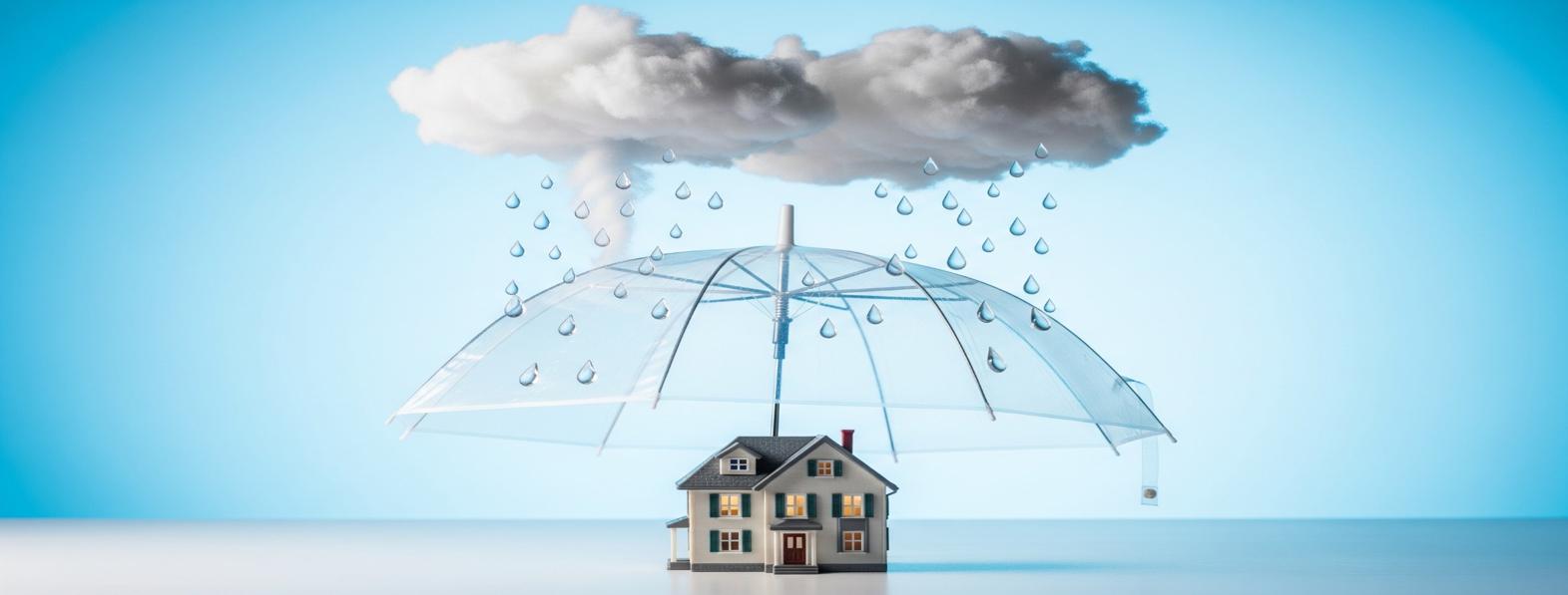 Miniature house protected by a transparent umbrella with storm clouds and raindrops above, symbolizing homeowners insurance coverage in the Greater Toronto Area