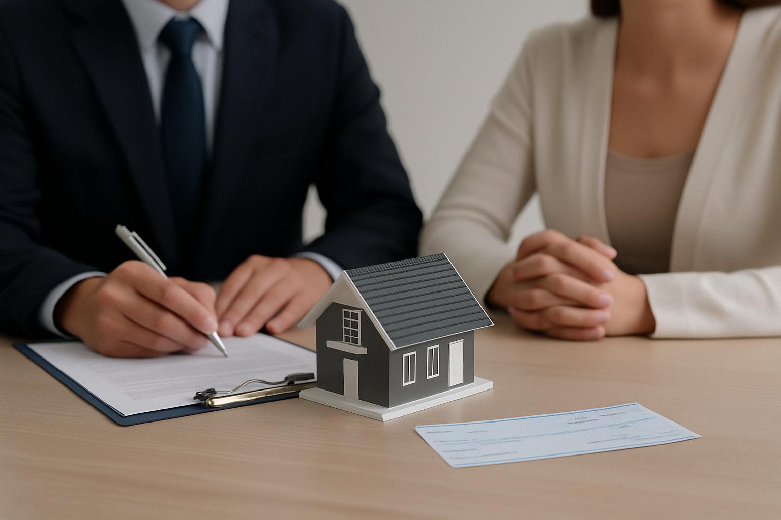 A man and woman sit across from each other at a table, partially out of frame, with a miniature house model, legal documents, and a cheque between them, symbolizing a spousal buyout or property settlement discussion.