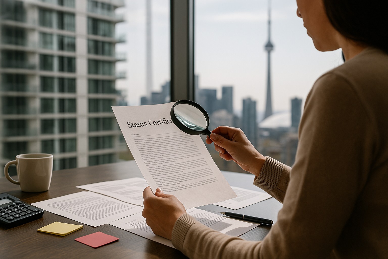 A homebuyer examines a condo status certificate with a magnifying glass at a desk, surrounded by paperwork and a calculator, with the CN Tower and Toronto skyline visible through the window.