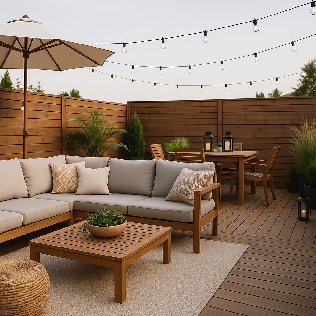 A stylish Toronto outdoor living space featuring wooden decking, a cozy seating area with neutral cushions, a dining set, string lights, and lush greenery.