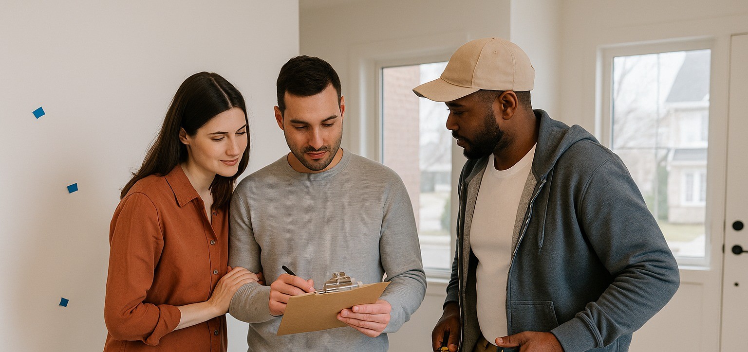 GTA new build pre delivery inspection scene with a buyer and a builder reviewing a checklist in a bright modern home, blue painter’s tape marking touch ups, and house keys on the counter, illustrating Tarion and Ontario new home warranty protection.