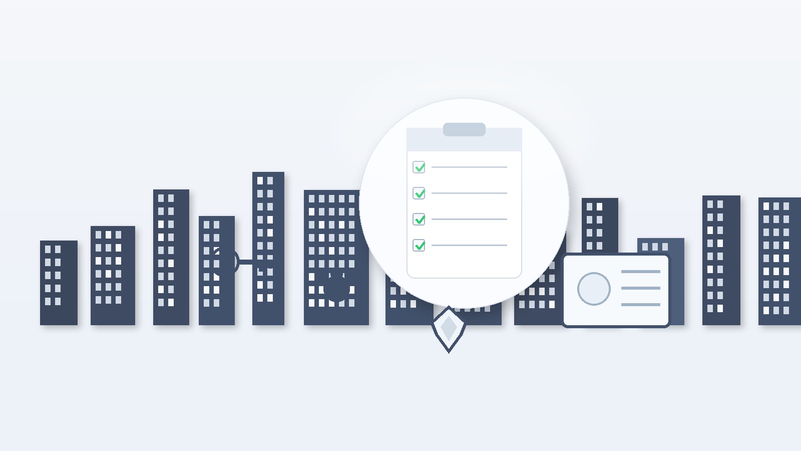 Illustration of a Toronto-style condo skyline with a central clipboard checklist, a key, an ID card, a paw print, and a shield icon, symbolising fair, legal tenant screening in Ontario for 2025.