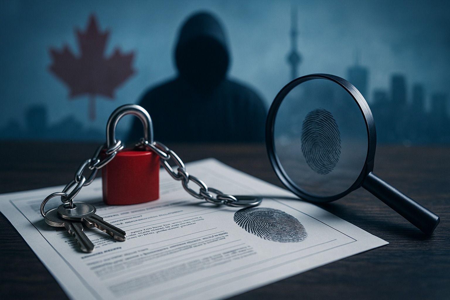 Close-up of house keys, a red padlock, and a magnifying glass over a real estate document with a fingerprint, with a shadowed figure and Toronto skyline in the background.