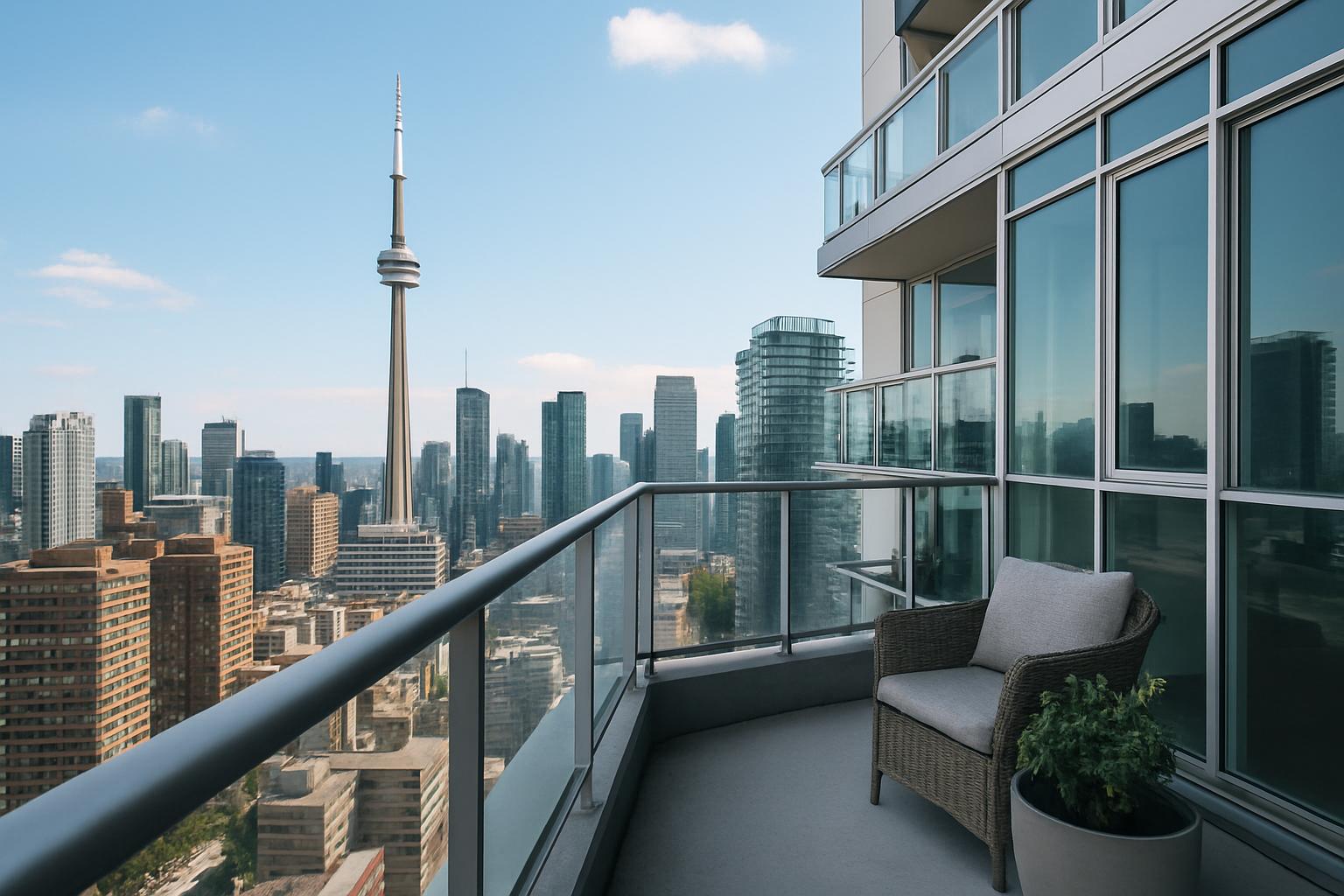 Balcony view from a modern high-rise condo in downtown Toronto, featuring the CN Tower and surrounding skyline under a clear blue sky.