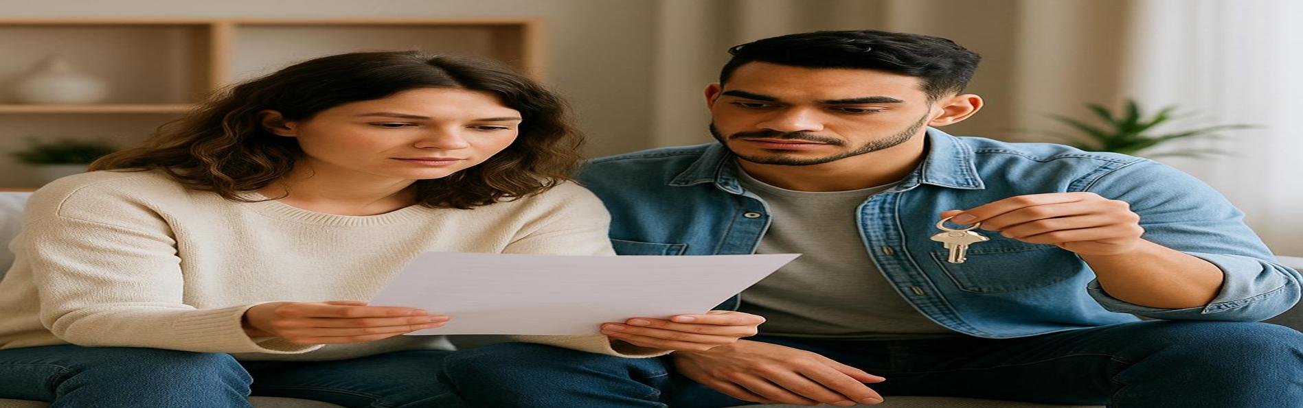 A young, fit couple sitting on a couch in a bright living room, reviewing a document together while the man holds a set of house keys.